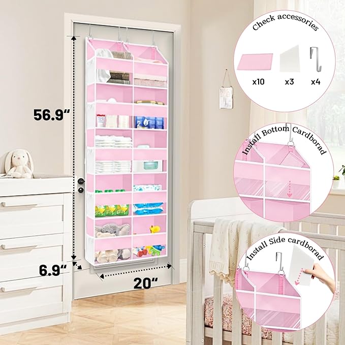 Ofiray-home Pink Over The Door Organizer 5 Tiers, Extra Large Behind Door Storage of 10 Compartments, 50 lbs Weight Capacity Over The Door Storage for Closet, Diaper Organizer