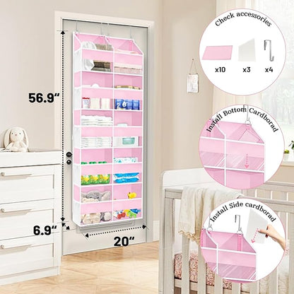 Ofiray-home Pink Over The Door Organizer 5 Tiers, Extra Large Behind Door Storage of 10 Compartments, 50 lbs Weight Capacity Over The Door Storage for Closet, Diaper Organizer