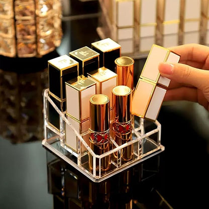 Lipstick Lip Gloss Organizer Small Clear Lipstick Holder 9 Slots Acrylic Case Essential Oil Rollerball Perfume Holder Display Cases for Brushes, Bottles
