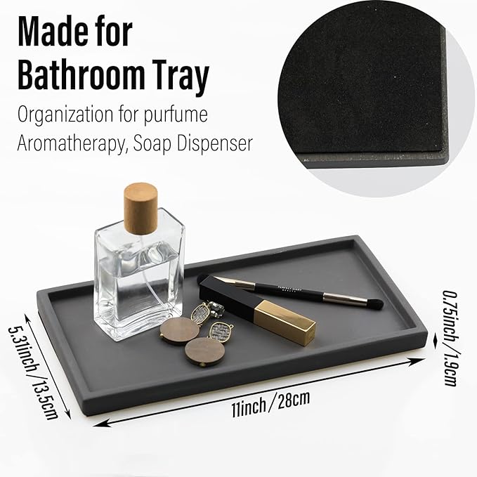 FREELOVE Concrete Decorative Trays for Perfume Cosmetic Bottles Jewelry Jar Candle, Cement Serving Tray for Bathroom Vanity Counter Coffee Table Toilet Tank (Dark-Grey, Rectangle 5.3''X11'')