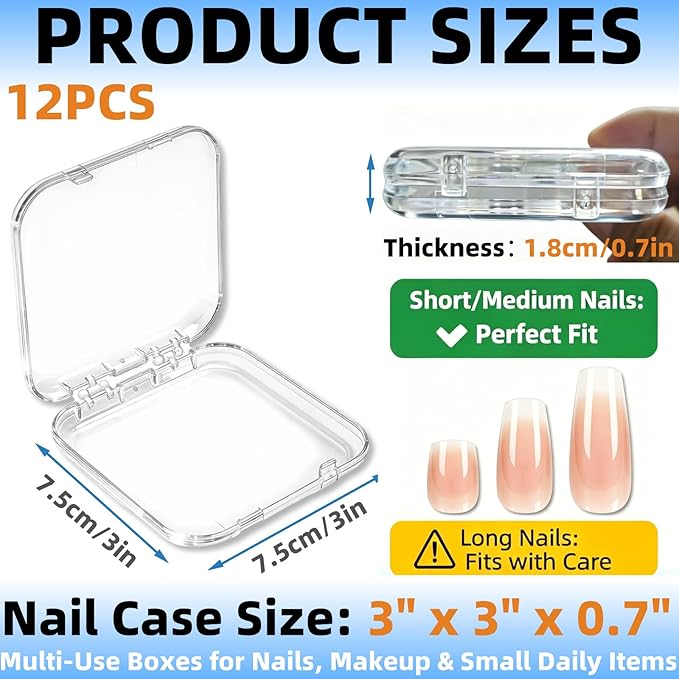 12 Pcs Clear Acrylic Press on Nail Storage Box with 30 Pcs Adhesive Double Sided Tape, Transparent Fake Nail Organizer Display Case for Nail Salon, Home, Travel & Nail Art Packaging