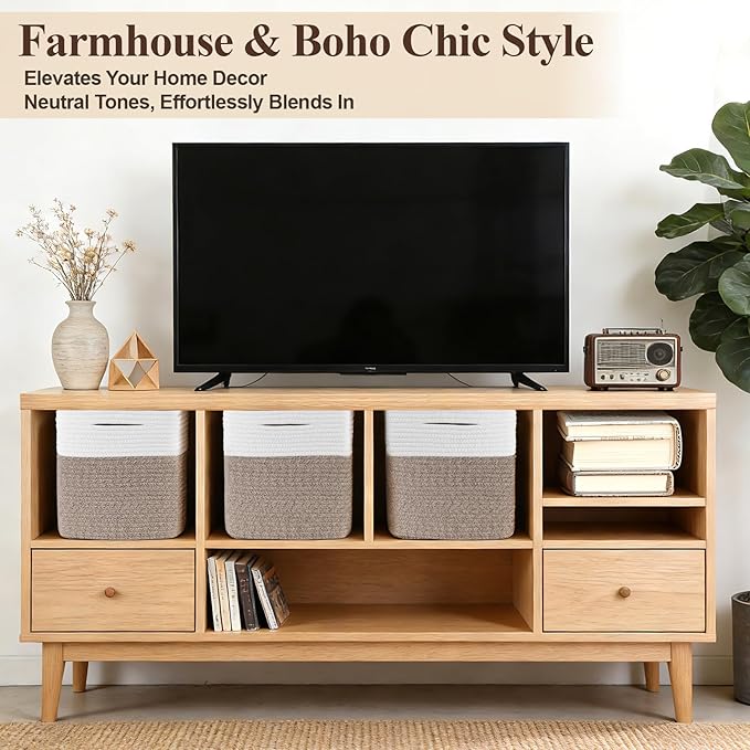 Cube Storage Bins 11 Inch Shelf Cotton Rope Baskets for Organizing, Woven Storage Basket - For Magazines, Living Room, Closet, White+brown 4 Pack