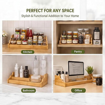 Expandable 3-Tier Bamboo Can Rack Organizer for Pantry, Adjustable Kitchen Cabinet Storage Shelf, Holds Up to 24 Cans, Natural Elegance