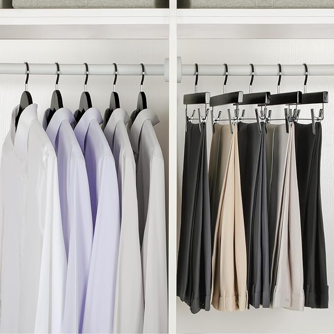 TOPIA HANGER Black Wooden Pants Hangers, Wood Skirt Hangers with Clips, Deluxe Jeans Hanger with 360° Swivel Anti-Rust Flat Hook, Smooth Finish Wood Hangers for Slacks Trousers 20 Pack, CT03B