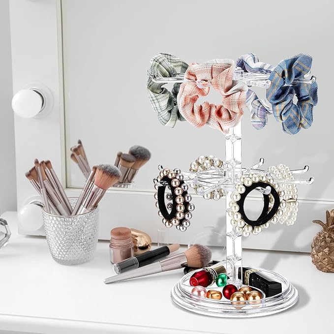 Rotating Jewelry Stand, 2 Tier Necklace Holder Bracelet Hanging Organizer Keychain Jewelry Display Stand Plastic Jewelry Rack for Malls Counter Dressing Table (Clear)