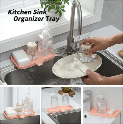 MicoYang Silicone Bathroom Soap Dishes with Drain Spout-Bathroom and Kitchen Sink Organizer,Sponge Holder,Dish Soap Tray,Perfect for Dispenser,Scrubber,Bottle,Cup on Sink or Counter-Pink 9.6"×5.3"