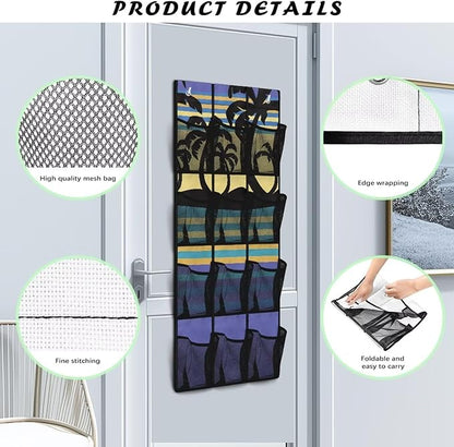 Palm Tree Over The Door Organizer 4 Shelf Hanging Storage Organizer with 12 Clear Mesh Shoe Organizer Door Hanger Closet Hanging Rack for Shoes for for Apartments Dorms