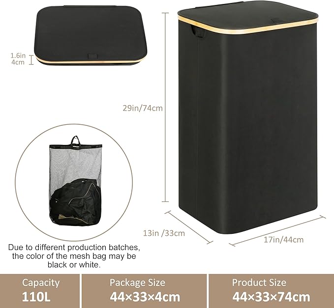 iEGrow Laundry Hamper with Lid, 110L Large Laundry Hamper with Handle and Lid, Collapsible Clothes Basket Organizer with Removable Inner Bag for Clothes Toys Towels - Black