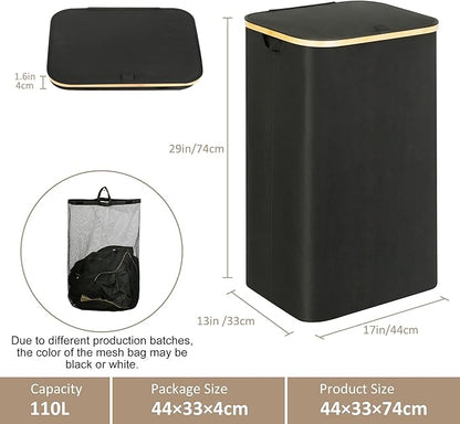 iEGrow Laundry Hamper with Lid, 110L Large Laundry Hamper with Handle and Lid, Collapsible Clothes Basket Organizer with Removable Inner Bag for Clothes Toys Towels - Black