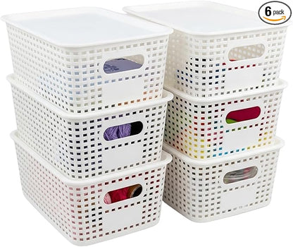 6 Pack Small Plastic Storage Baskets with Lids, Plastic Storage Baskets for Organizing, Stackable Organizer Baskets, Small Storage Bins for Shelves,Closet,Craft Room,Playroom,Classroom,Office, White