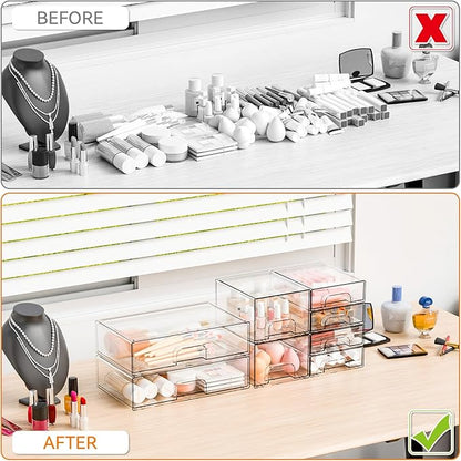 Yieach 8 Pack Clear Stackable Storage Drawers,Acrylic Drawer Organizer for Medicine,Palettes,Hair Accessories and Makeup Organizer,Plastic Drawers for Cabinet,Office,Desk,Bathroom Storage Containers