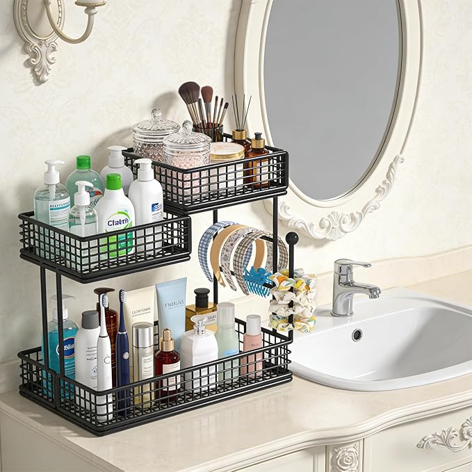 BCWW 3 Tiers Makeup Organizer Countertop Multi Bathroom Counter Organizer Metal Fruit Basket Perfume Skincare Organizers Holder for Vanities, Cabinet, Cosmetic, Dresser Organizer (Square(Black))
