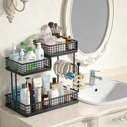 BCWW 3 Tiers Makeup Organizer Countertop Multi Bathroom Counter Organizer Metal Fruit Basket Perfume Skincare Organizers Holder for Vanities, Cabinet, Cosmetic, Dresser Organizer (Square(Black))