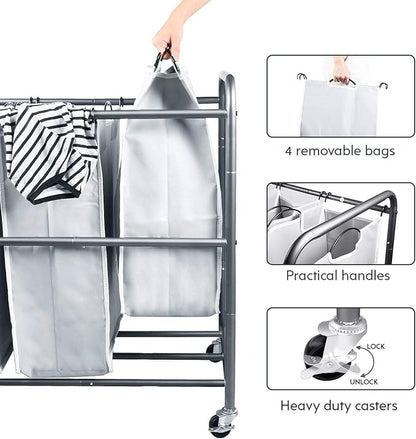 ROMOON Laundry Hamper Sorter Cart: 4-Section Organizer with Heavy-Duty Lockable Wheels and Removable Bags | 180L Rolling Laundry Basket for Dirty Clothes in Laundry Room or Small Spaces (Gray)