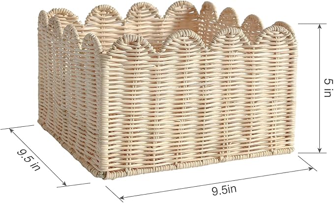 Scalloped Basket, Wicker Storage Baskets, Hand Woven Baskets for Shelves,Natural Baskets for Organizing (Rattan&S-9.5" L x 9.5" W x 5.6" H)