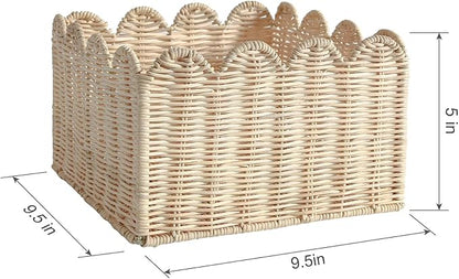 Scalloped Basket, Wicker Storage Baskets, Hand Woven Baskets for Shelves,Natural Baskets for Organizing (Rattan&S-9.5" L x 9.5" W x 5.6" H)