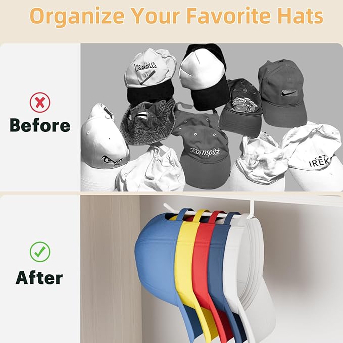 6 Pcs Hat Organizer for Baseball Caps, Hat Rack, Hat Hooks for Wall, Paper Towel Holder, Drilled or Adhesive Hanger for Door, Wall, Closet, Storage for Caps, Towel, Paper, Headband, Key, Belt, Tie