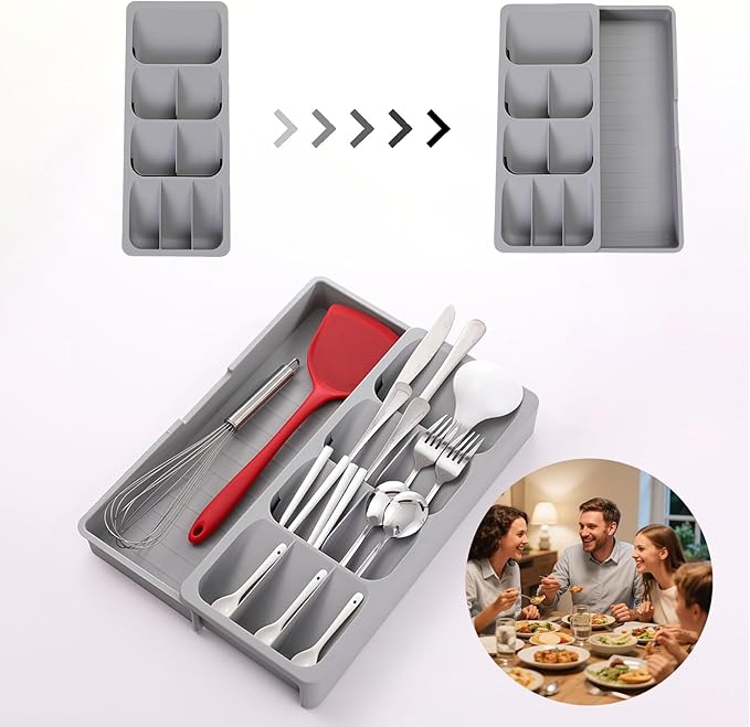 Expandable Kitchen Drawer Organizer Tray, 15.9×10.3×2.2in,Adjustable Silverware Storage for Spoons,Forks,Knives, Compact Cutlery Holder Saves Space(Grey)