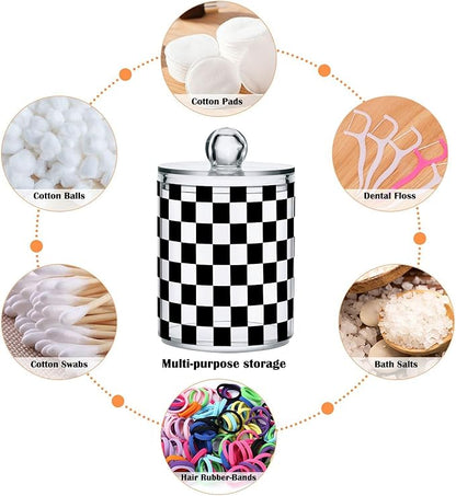 ALAZA 2pcs Black White Checkered Plaid Qtip Holder Dispenser 14 oz Bathroom Storage Clear Apothecary Jars Containers Cotton Ball,Cotton Rounds,Floss Picks, Hair Clips, Food