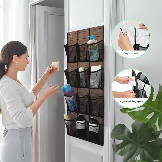 Wood Grain Over the Door Shoe Organizer 12 Large Mesh Pockets Shoe Rack for Door Foldable Hanger Storage Holder for Dorm Bedroom