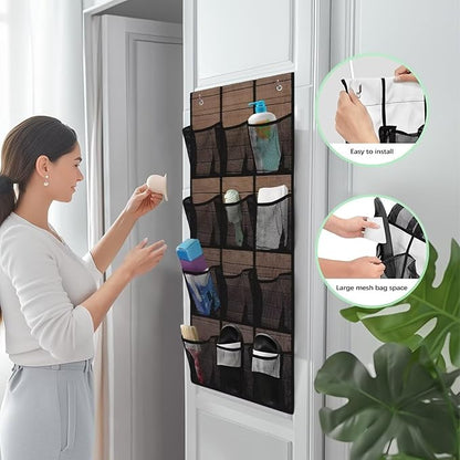 Wood Grain Over the Door Shoe Organizer 12 Large Mesh Pockets Shoe Rack for Door Foldable Hanger Storage Holder for Dorm Bedroom