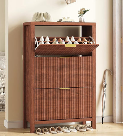 YOMILUVE Shoe Cabinet Storage for Entryway, Fluted Shoe Cabinet with 3 Flip Drawers, Hidden Shoe Rack Tall Freestanding Shoe Organizer with Legs for Hallway, Walnut