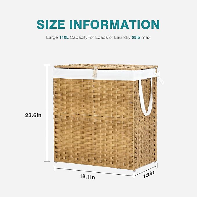 DUMOS Wicker Laundry Basket with Lid, 110L Woven Laundry Hamper with Handles, Foldable Rattan Clothes Hamper with Removable Liner & Sturdy Steel Frame, Goose Yellow