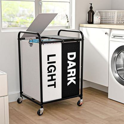 120L (31.7 Gal) Laundry Sorter 2 Section, Rolling Laundry Basket with Lockable Wheels and Lid, Laundry Hamper with 2 Separated Removable Bags Dirty Clothes Hamper for Laundry Room, Multicolored
