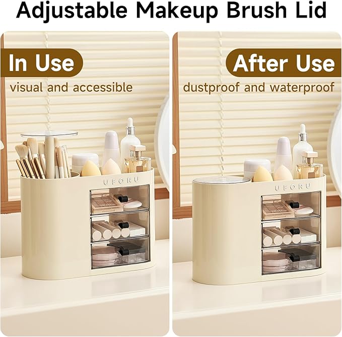 UFORU Makeup Organizer with Pop-Up Brush Holder for Dresser Vanity, Plastic Bathroom Counter Organizer with 3 Drawers & Dust-Proof Cover, Cosmetic Display Case for Lipstick, Skincare, Cream White