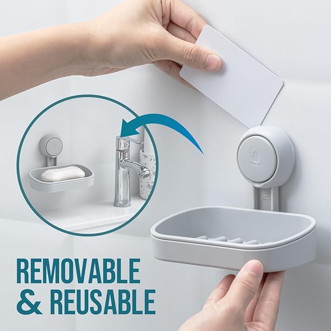 TAILI Soap Holder Soap Dish for Shower, Suction Cup Soap Holder for Shower Wall, Bathroom Accessories, Removable Strong Hold Soap Saver, Drill Free, Grey