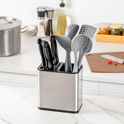Restaurantware Stainless Steel Utensil Holder 1 Count 7.7 x 4.6 x 7.8 Inches Durable Cutlery Storage Flatware Organizer Rust-Resistant Sink Caddy Silver Kitchenware Holder