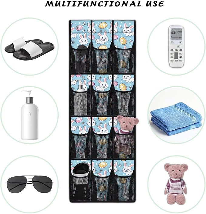 12-Pocket Over The Door Hanging Organizer, Lightweight Oxford Cloth Waterproof Foldable and Perfect for Bathroom Bedroom or Closet Storage Solutions, Easter Rabbit Eggs Pattern