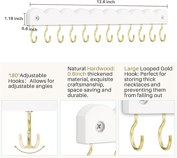 2 Pack Necklace Holder Organizer Wall Mount, Wooden Necklace Hanger Storage Hanging Jewelry Organizer with 12 Hooks for Necklaces, Bracelets, Rings and Bangles Display