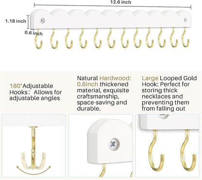 2 Pack Necklace Holder Organizer Wall Mount, Wooden Necklace Hanger Storage Hanging Jewelry Organizer with 12 Hooks for Necklaces, Bracelets, Rings and Bangles Display