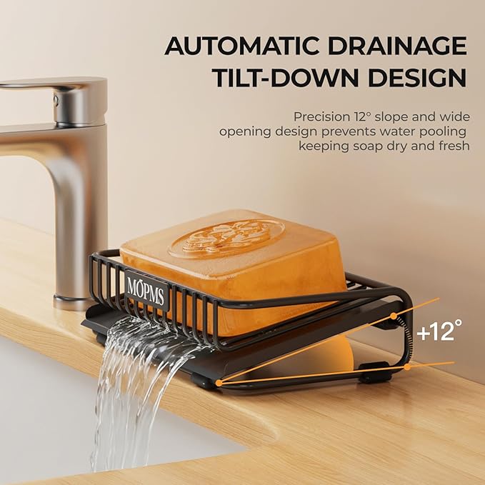 Self Draining Soap Dish, Carbon Steel Bar Soap Holder for Shower, Waterfall Design Soap Saver for Bathroom, Kicthen Sink and Countertop