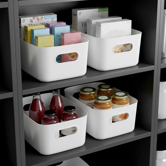 8 Pack White Plastic Storage Bins Multi-Use Small Organizer Bins Containers with Handles for Pantry, Cabinet, Under Sink, Kitchen, Bathroom & Office, 2 Sizes