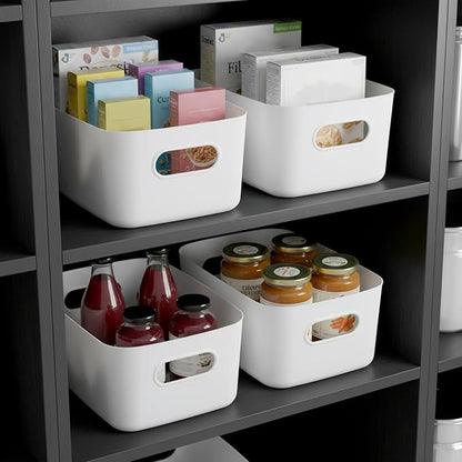 8 Pack White Plastic Storage Bins Multi-Use Small Organizer Bins Containers with Handles for Pantry, Cabinet, Under Sink, Kitchen, Bathroom & Office, 2 Sizes