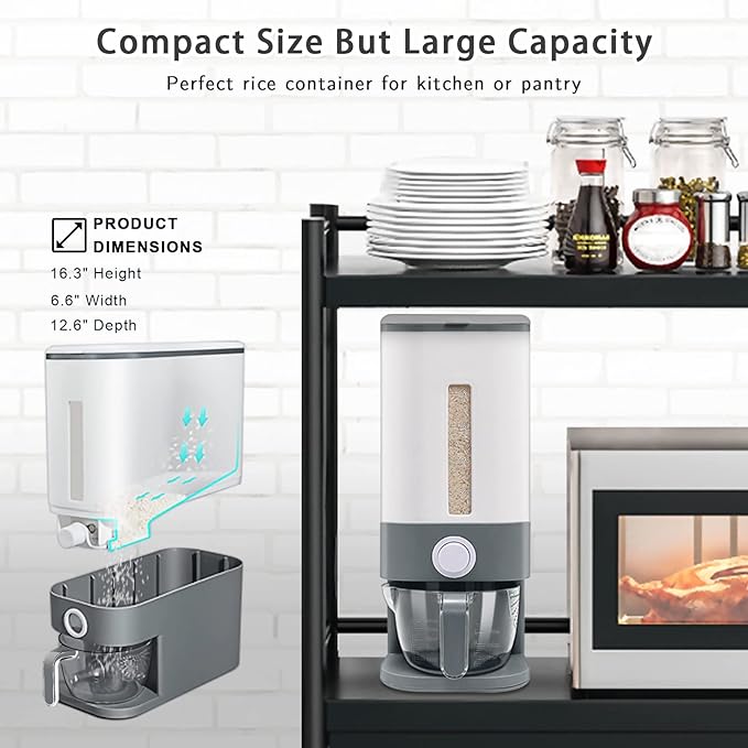 Lenwi 22-25 Lbs Rice Dispenser, Large Cereal Dry Food Storage Containers with Measuring Cup,BPA-Free Household for Kitchen Pantry Organization-Grey