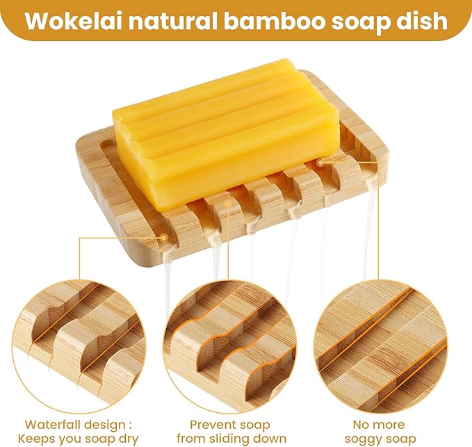 Shampoo Bar Holder Bamboo Soap Dish for Shower Wood Soap Dishes Wooden Soap Saver Tray Stand Self Draining Travel Soap Container Case for Bathroom Kitchen Bath Tub Razor Sponges, Waterfall Drain 2 PCS
