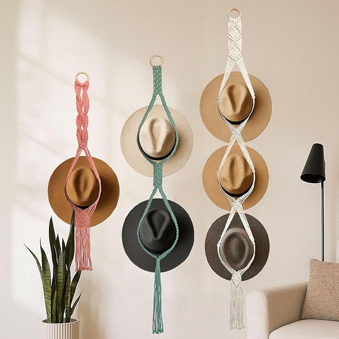 Besoamo Macrame Hat Hanger for Wall, Boho Hat Rack for Wall Hanging Hat Display, Hand-woven Hat Organizer for Wide-Brim Hat, Decorative Bohemian Hat Storage Cowboy Hat Holder(3 Styles and 3 Colors)