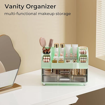 Makeup Organizer for Vanity with 2 Large Drawers, Cosmetic Display Case with Brush Holders, Easy to Storage for Bathroom Countertop Skincare, Perfume, Green