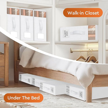 StorageTastic 2 Pack Bed Sheet Closet Organizers and Storage,Sturdy Foldable Storage Containers with Window and Label,Storage and Organization for Bedding Sheets,Duvet Covers,Blankets (White)