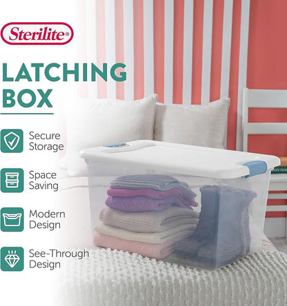 Sterilite 4-Pack 64 Quart Latching Box, Clear Plastic Storage Organizer Bins with White Lids - Large Stackable Containers for Home Bedroom, Dorm Room, and Closet Organization