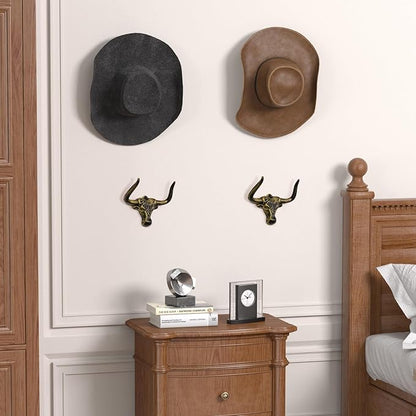 Cowboy Hat Rack 4 Pack Cast Iron Cowboy Hat Holder Cowgirl Hat Hanger Western Wall Decor Longhorn Decorative Wall Hooks for Storage and Organization at Closet Bedroom Antique Gold