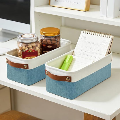 Bagnizer Small Fabric Storage Baskets, 15x6x5 inch Narrow Storage Bins 4-Pack Long Storage Basket for Organizing with Handles, Decorative Basket for Closets, Shelves, Toilet Paper, Teal
