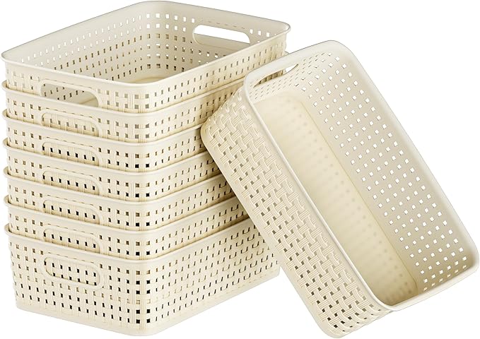 FUCDTEFC White Plastic Basket, 8 Pack Home Organization and Storage Baskets with Handles, Space Saving Woven Organizer Bins Plastic Storage Basket for Organizing Cabinets,Closets, Shelves, Countertops
