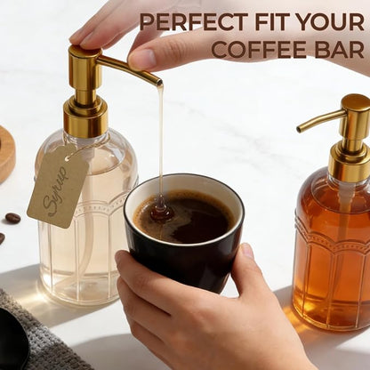 Coffee Syrup Dispenser Set of 4, 13.5 oz (400ml) Glass Bottles with Antique Bronze Stainless Steel Pump, Coffee Bar Syrup Pump Dispensers with Funnel, Cleaning Tools & Tags