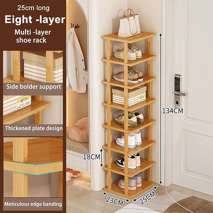 Vertical Shoe Rack - Wooden Space Saving Corner Shoe Shelf, 8 Tiers, No-Tool Need for Entryway, Closet