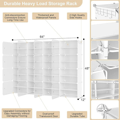 Portable Shoe Rack Organizer with Door, 64 Pairs Shoe Storage Cabinet Easy Assembly, Plastic Adjustable Shoe Storage Organizer Stackable Detachable Free Standing DIY Expandable 8 Tier White