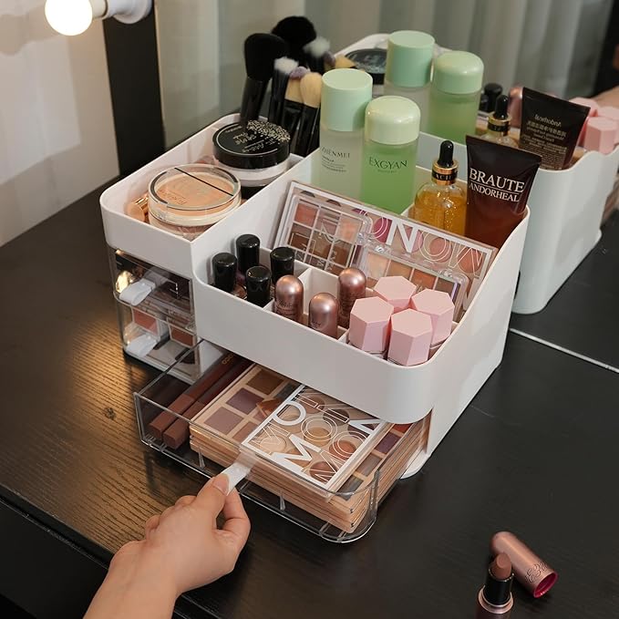 KLGO Makeup Organizer and Storage Cosmetic Display Case With 3 Clear Drawers Skincare Organizer for Bathroom Make Up Stand for Vanity Lipsticks, Jewelry, Nail Care, Eyeshadow, Skincare